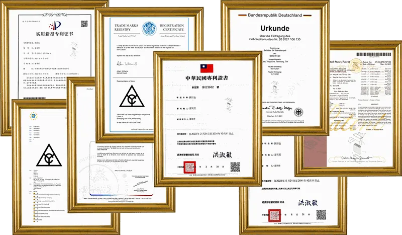 Young Cycle multi-country invention patent certificates — Taiwan, USA, France, Germany, China, Vietnam